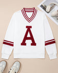 Chenille Varsity Stripe V-Neck Puff Sleeve Sweatshirt