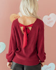 Ribbon Knot Backless Drop Shoulder Ribbed Sweater