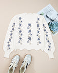 Floral Embroidered Scallop Hem Sweater