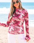 Floral Mesh Flounce Sleeve Mock Neck Blouse