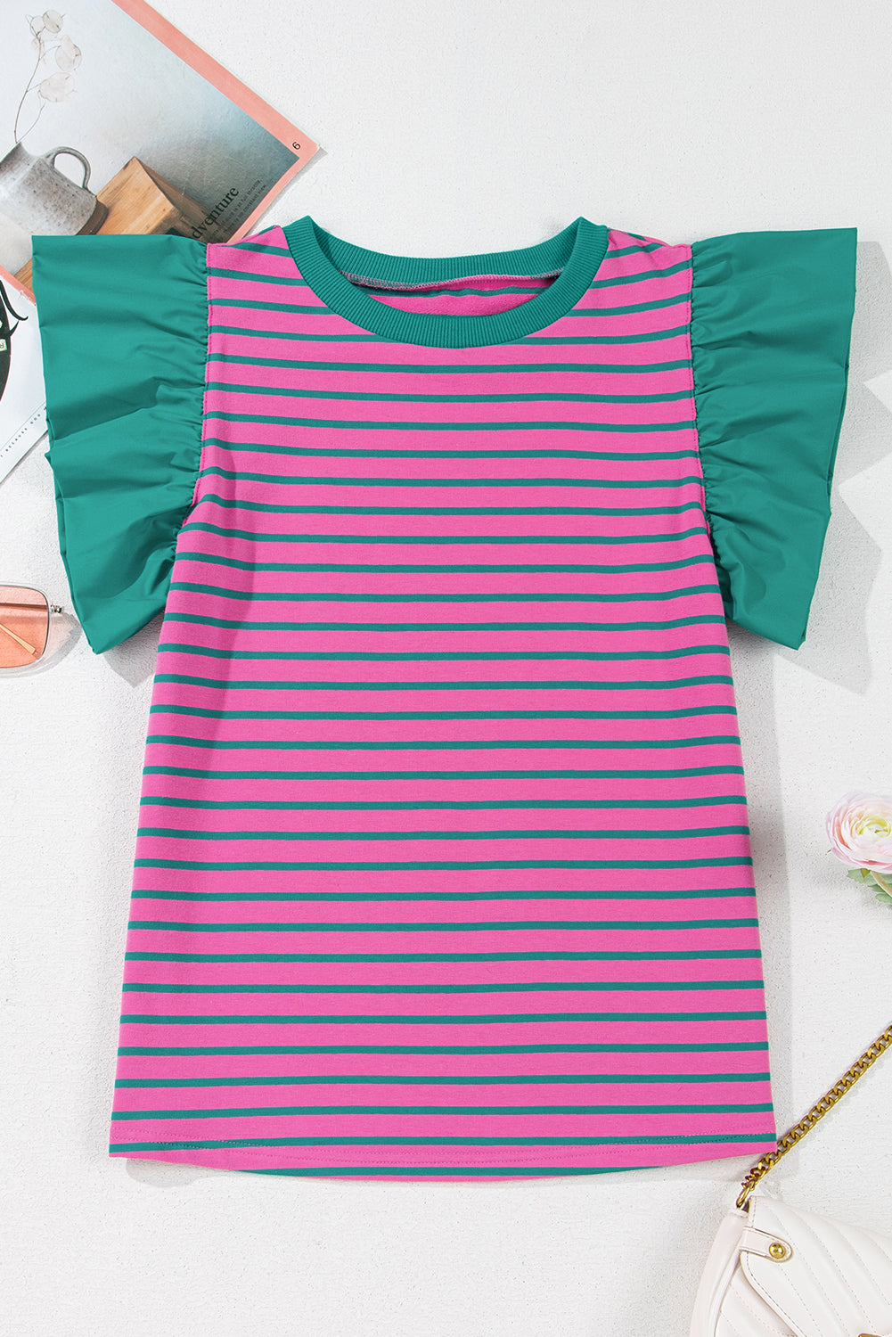 Adrianna Stripe Ruffled Sleeve Crew Neck Blouse