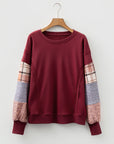 Plaid Patchwork Long Sleeve Raw Seam Sweatshirt