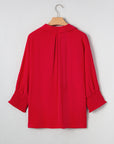 Solid Collared V-Neck Smocked 3/4 Sleeve Top