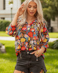 Floral 3/4 Puff Sleeve Tied Neck Blouse