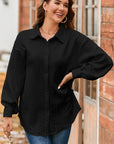 Solid Cable Knit Textured Puff Sleeve Shacket
