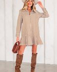 Stripe Ruffle Hem Collared Long Sleeve Shirt Mini Dress