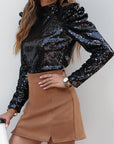 Solid Sequin Mock Neck Long Sleeve Top
