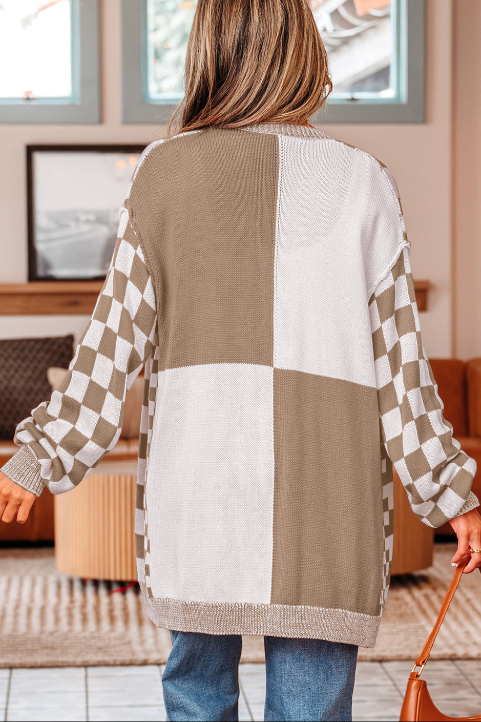 Checker Open Front Drop Shoulder Cardigan