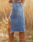 Denim Distressed Midi Skirt