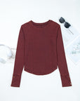 Solid Ribbed Knit Buttoned Long Sleeve Top