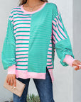 Stripe Colorblock Patchwork Side Slit Sweatshirt