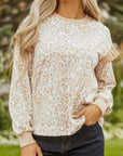 Leopard Ruffle Ribbed Trim Round Neck Sweatshirt