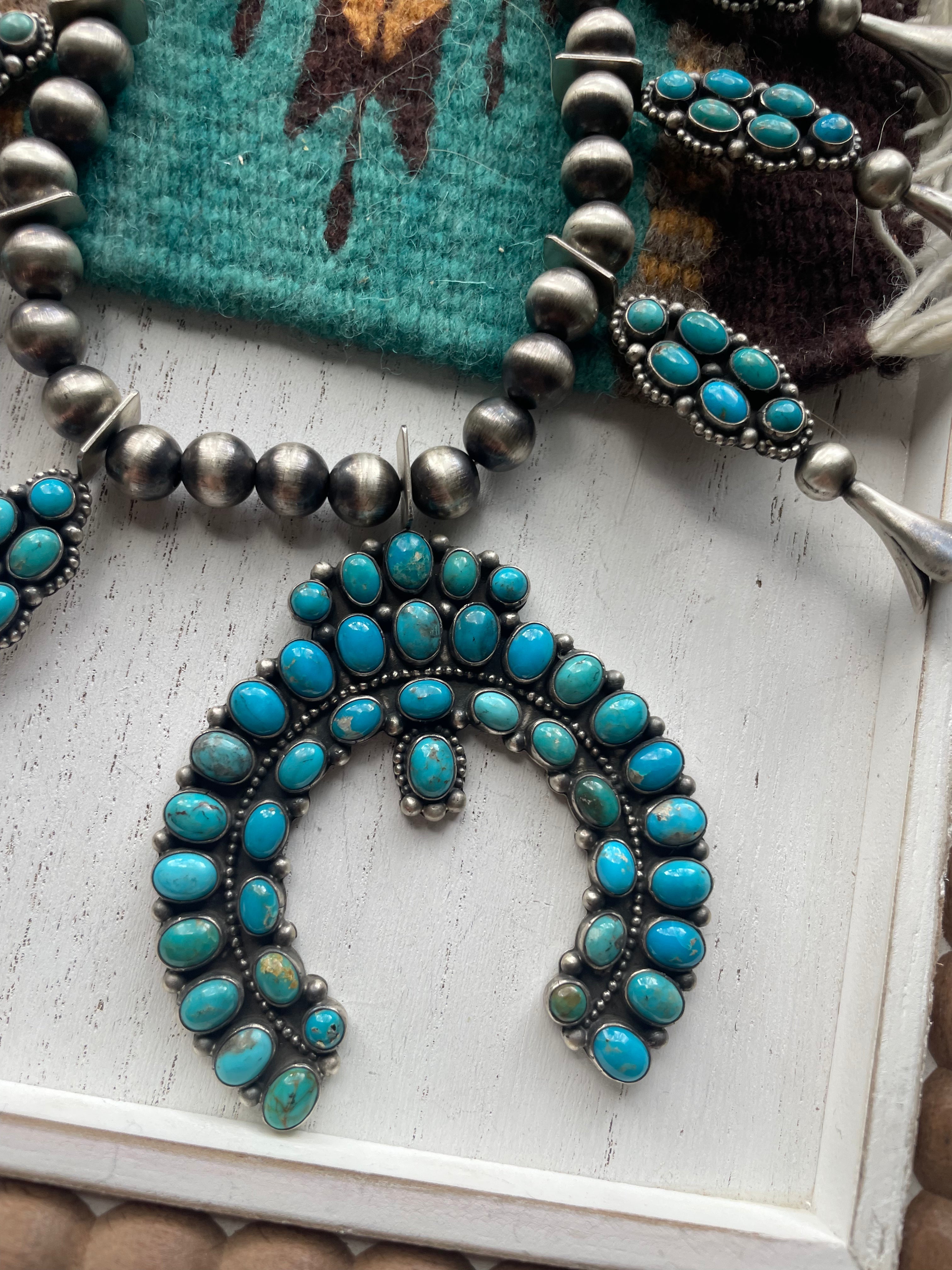 Navajo Royston Turquoise Squash Blossom Jewelry Set-Sterling Silver