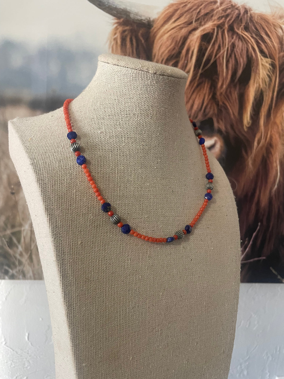 Handmade Beaded Coral, Lapis & Sterling Silver Necklace