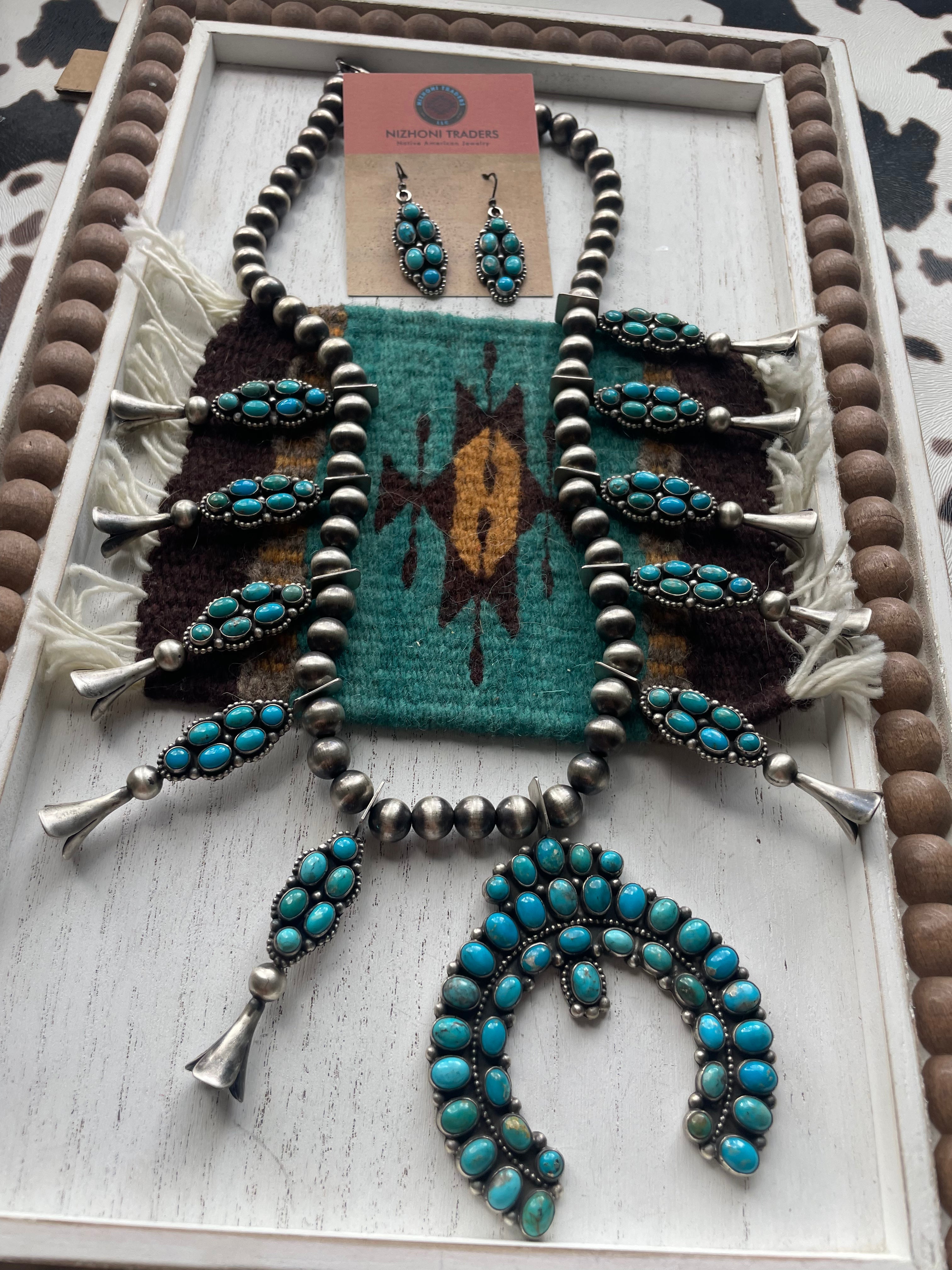 Navajo Royston Turquoise Squash Blossom Jewelry Set-Sterling Silver