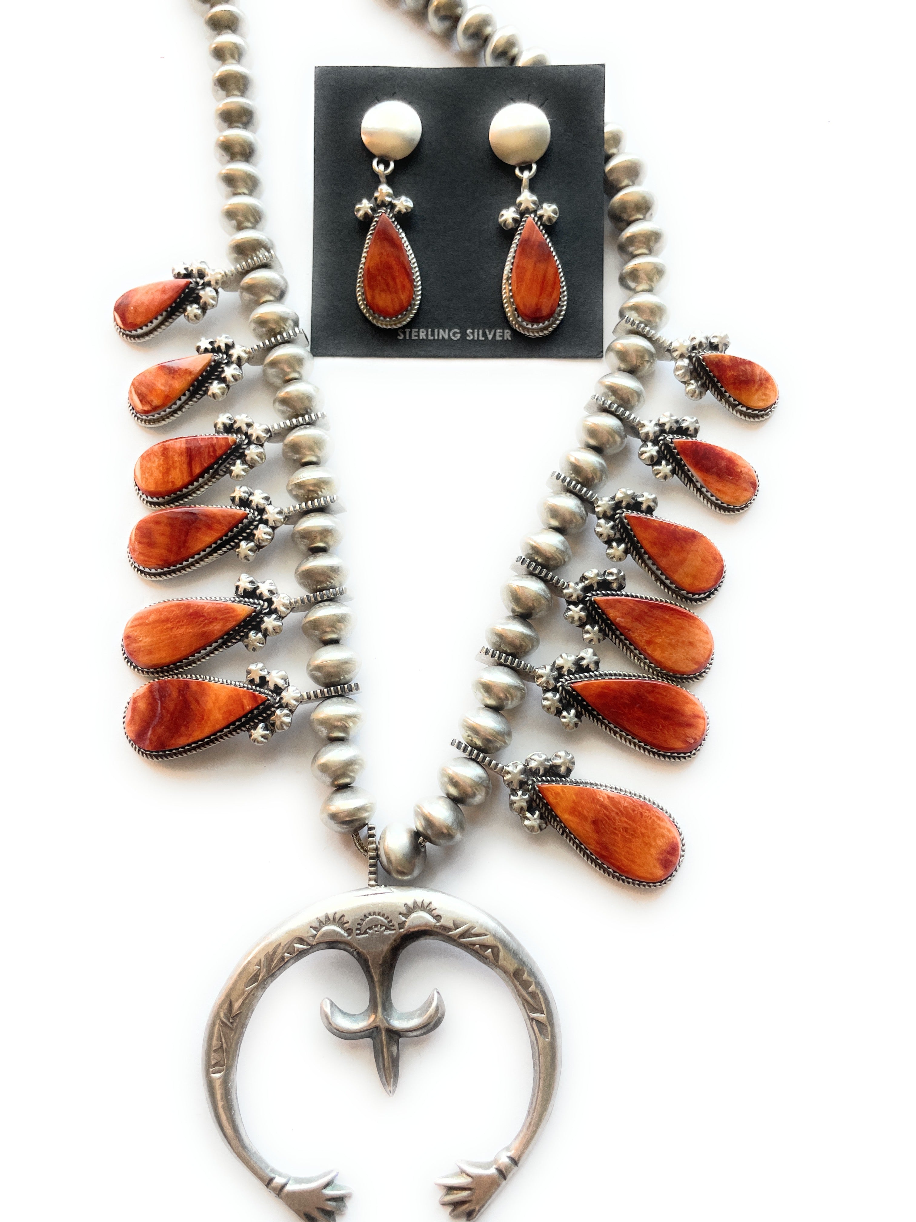 Navajo Orange Spiny & Sterling Silver Squash Blossom Set | Shop Now!