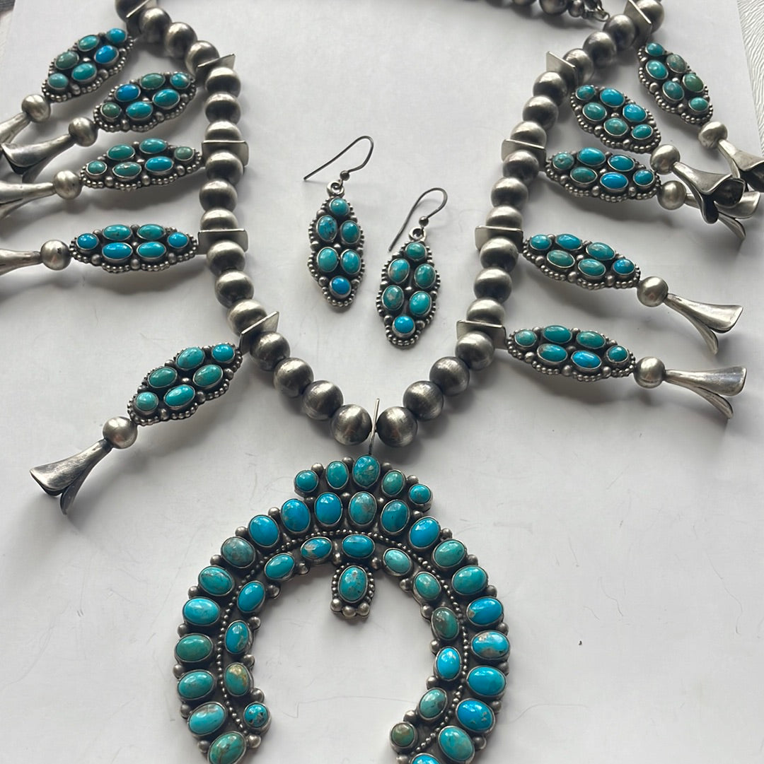 Navajo Royston Turquoise Squash Blossom Jewelry Set-Sterling Silver