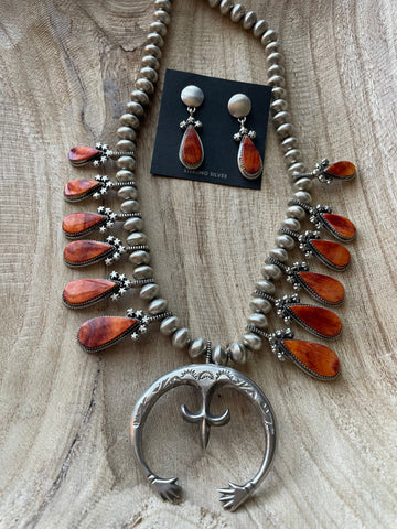 Navajo Orange Spiny And Sterling Silver Squash Blossom Necklace Earrings Set By Selina Warner