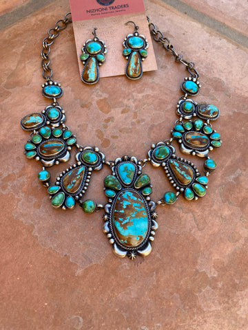 Navajo Sterling Silver, Ribbon and Sonoran Turquoise Necklace and Earring Set by Diane Wylie