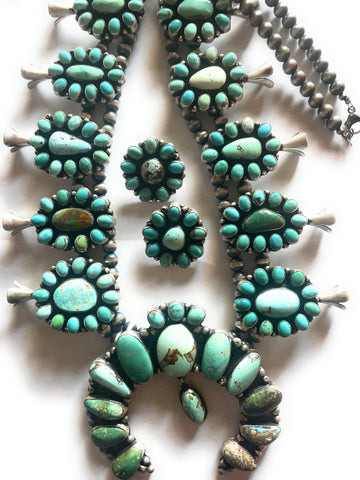 Navajo Sheila Becenti Carico Lake, Royston Turquoise & Sterling Squash Blossom Set