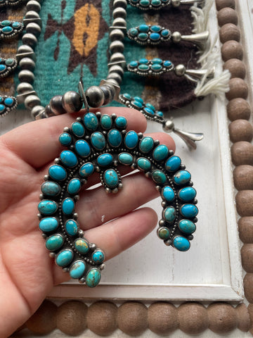 Navajo Royston Turquoise & Sterling Squash Blossom Set Signed