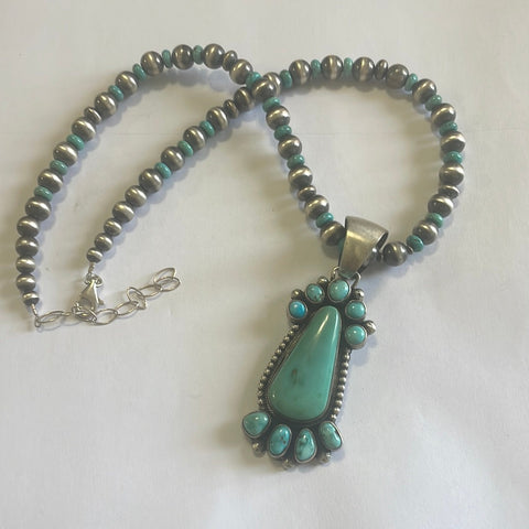 Stunning Navajo Sterling Silver Turquoise Necklace with Pendant Signed B Johnson