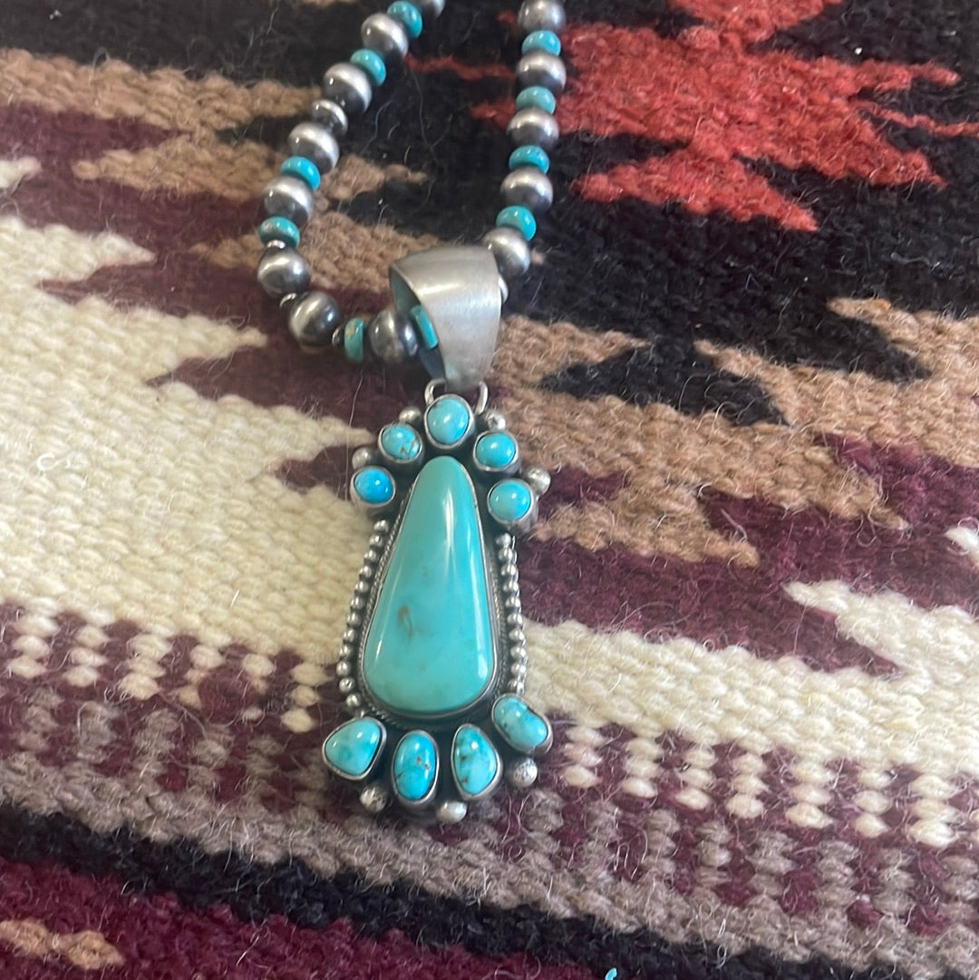 Stunning Navajo Sterling Silver Turquoise Necklace with Pendant Signed B Johnson