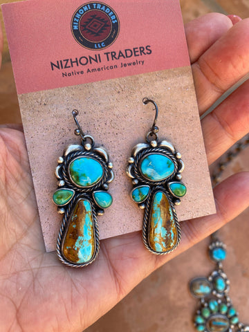 Navajo Sterling Silver, Ribbon and Sonoran Turquoise Necklace and Earring Set by Diane Wylie
