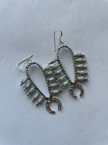 Navajo Sterling Silver & Opal Squash Blossom Dangle Earrings