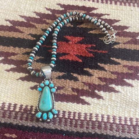 Stunning Navajo Sterling Silver Turquoise Necklace with Pendant Signed B Johnson