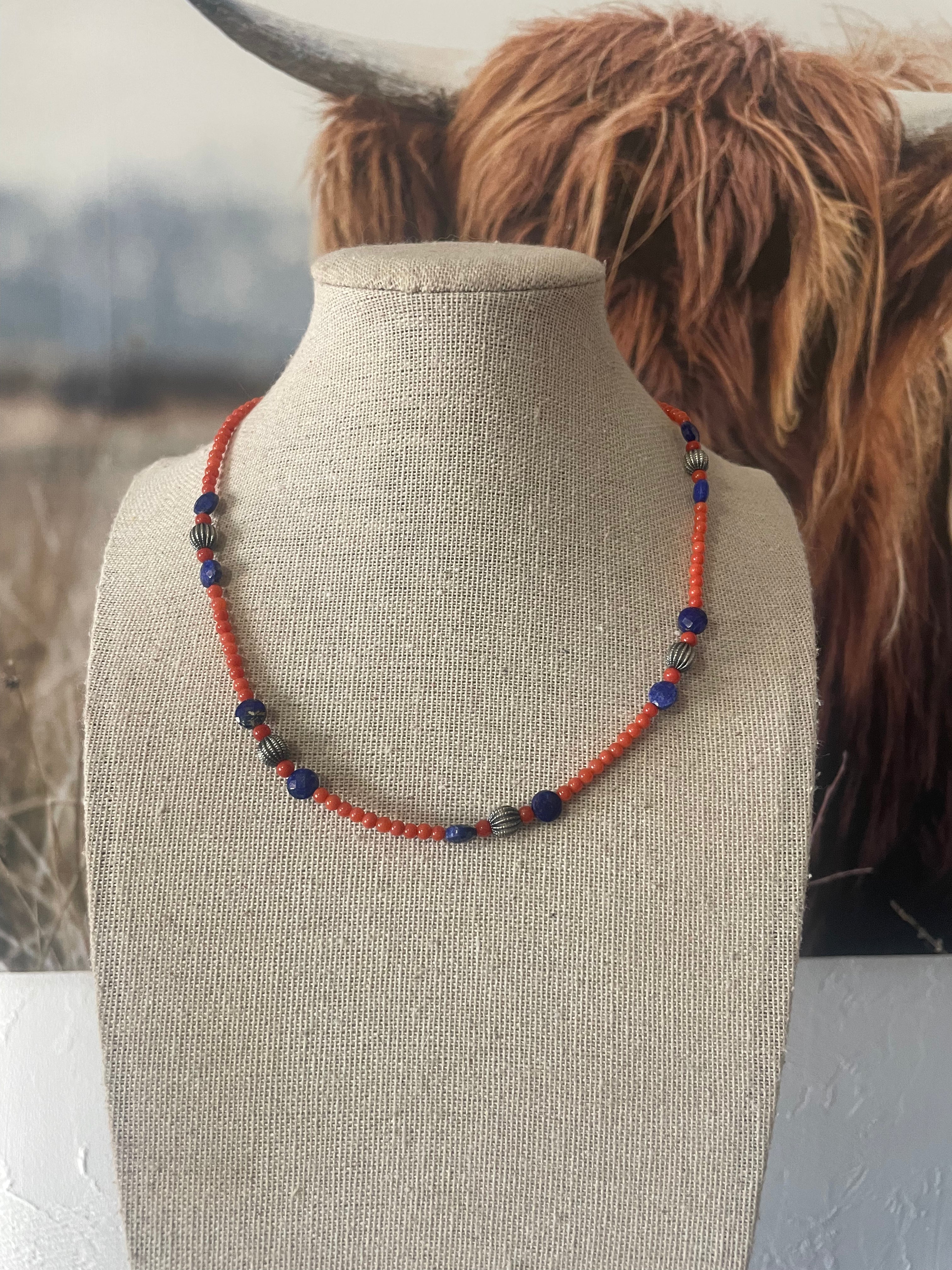 Handmade Beaded Coral, Lapis & Sterling Silver Necklace