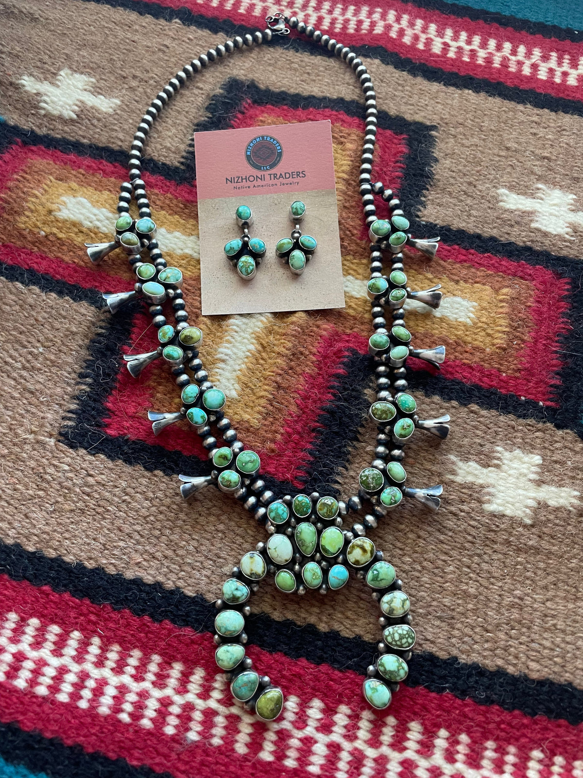 Navajo Sonoran Turquoise & Sterling Squash Blossom Set Signed Kathleen G