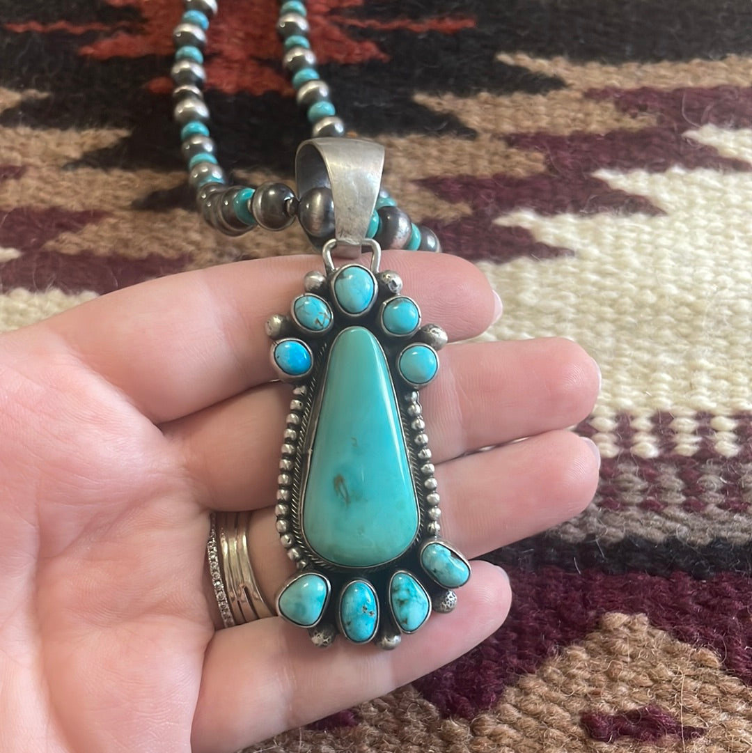 Stunning Navajo Sterling Silver Turquoise Necklace with Pendant Signed B Johnson