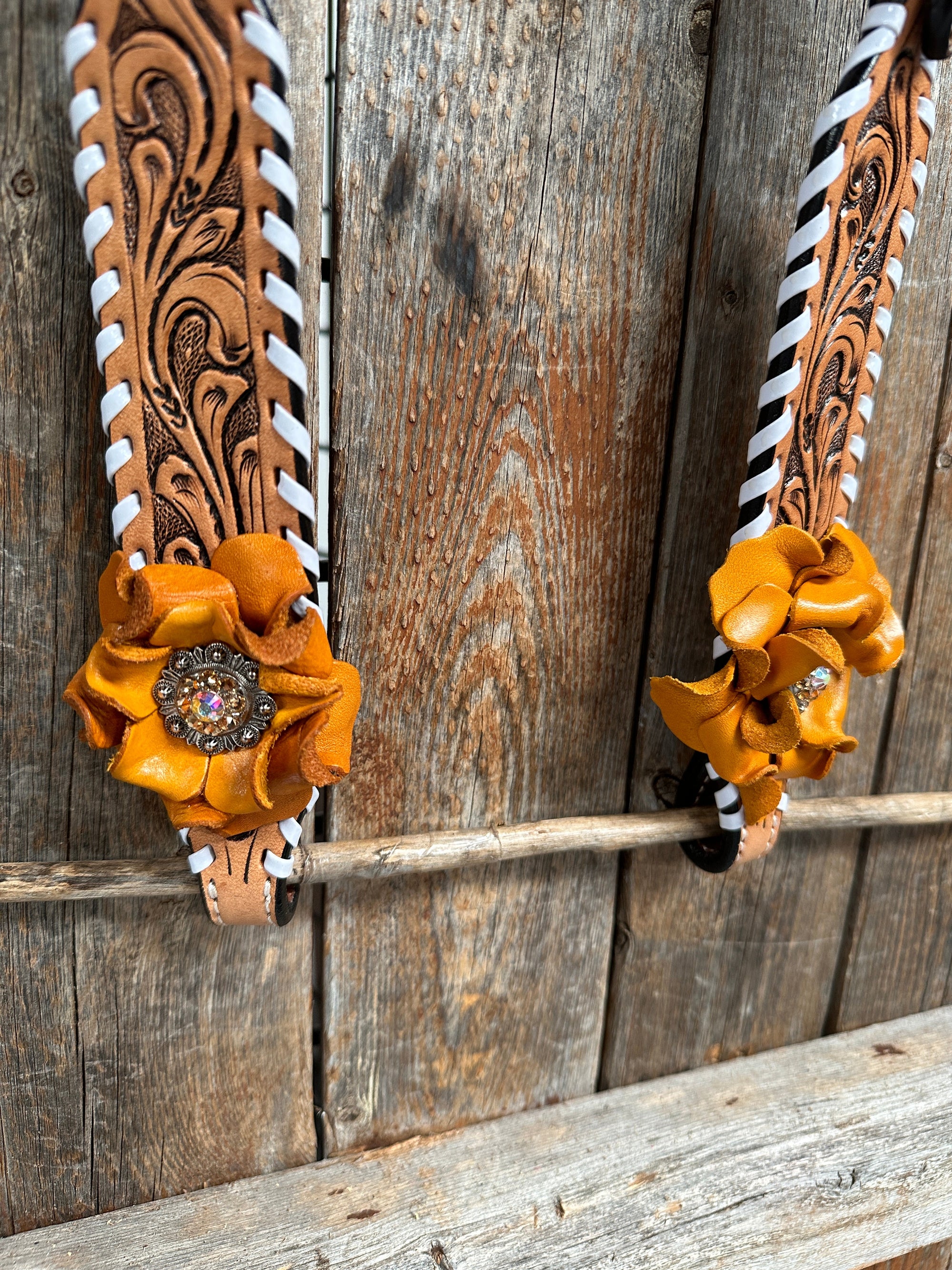 Whip Stitch One Ear Headstall / Bridle - Yellow Roses &amp; European Conchos 