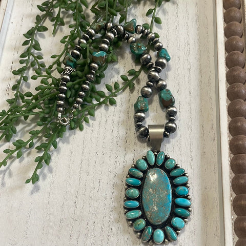 Beautiful Navajo Sterling Silver Beaded Turquoise Necklace With Pendant Signed Ella Peter