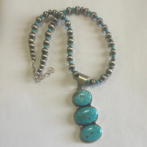 Beautiful Navajo Sterling Silver Beaded Turquoise Necklace With Pendant Signed Kathleen G