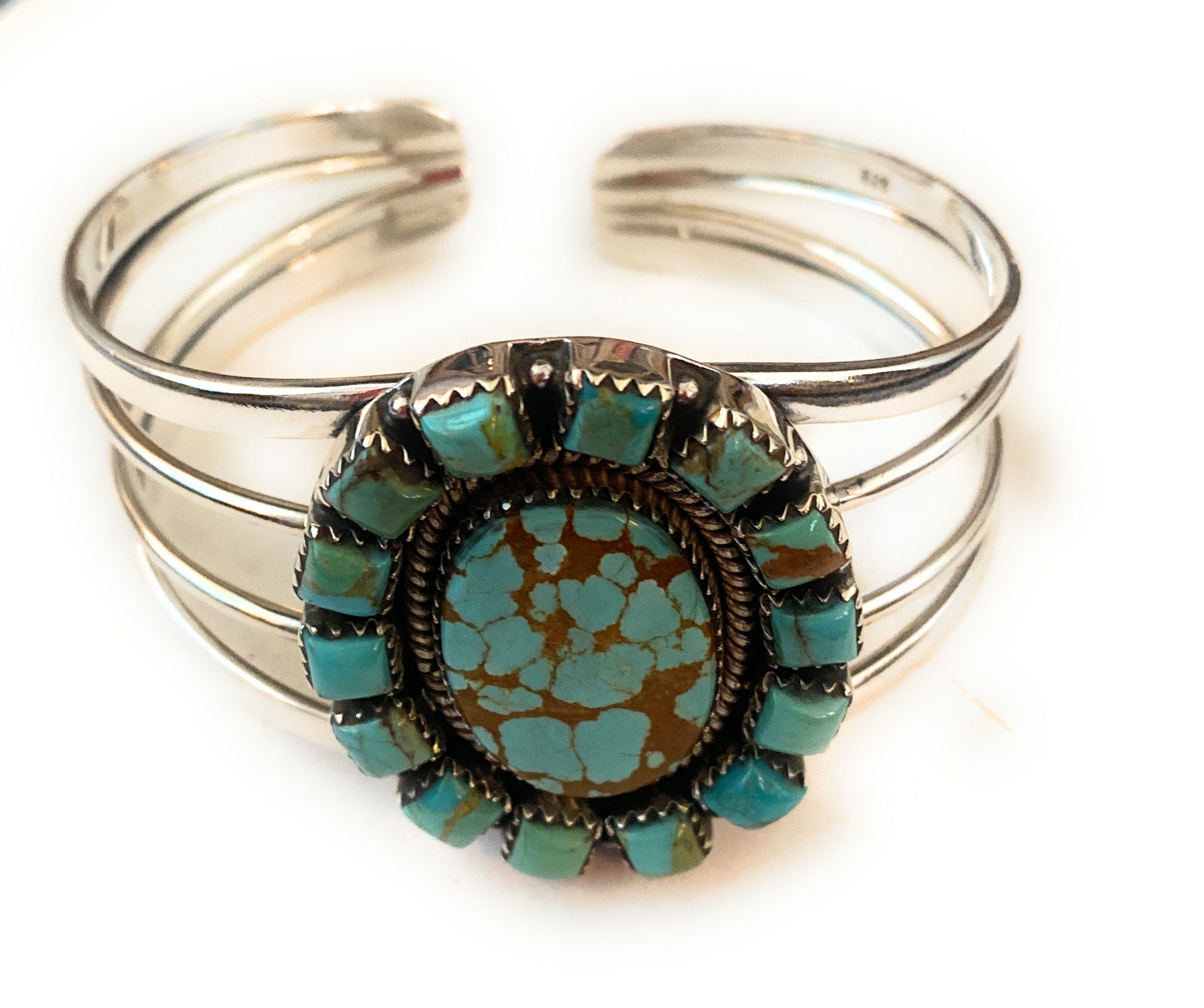 Handmade Sterling Silver Number 8 Turquoise Cluster Cuff Bracelet