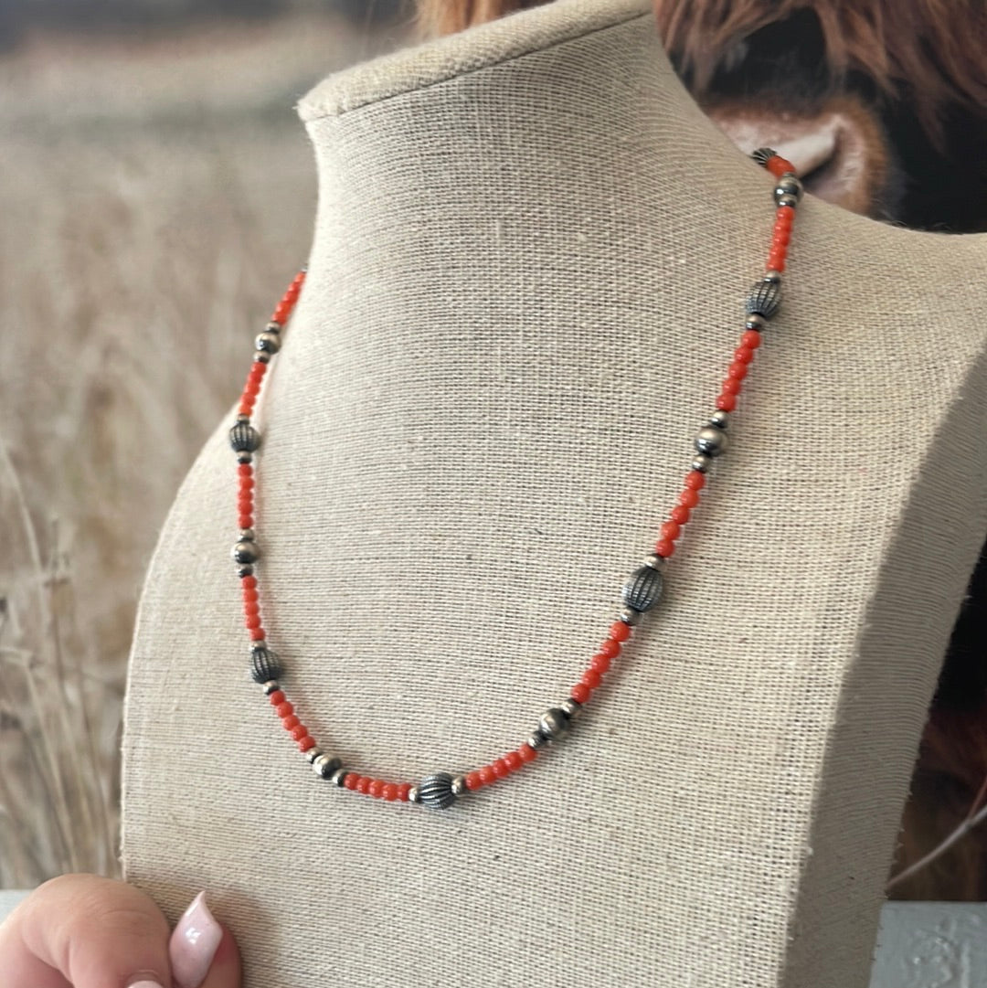 Handmade Beaded Coral & Sterling Silver Necklace