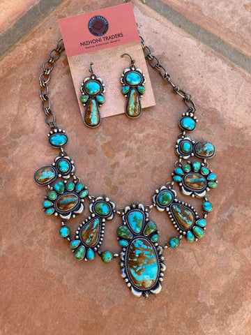 Navajo Sterling Silver, Ribbon and Sonoran Turquoise Necklace and Earring Set by Diane Wylie