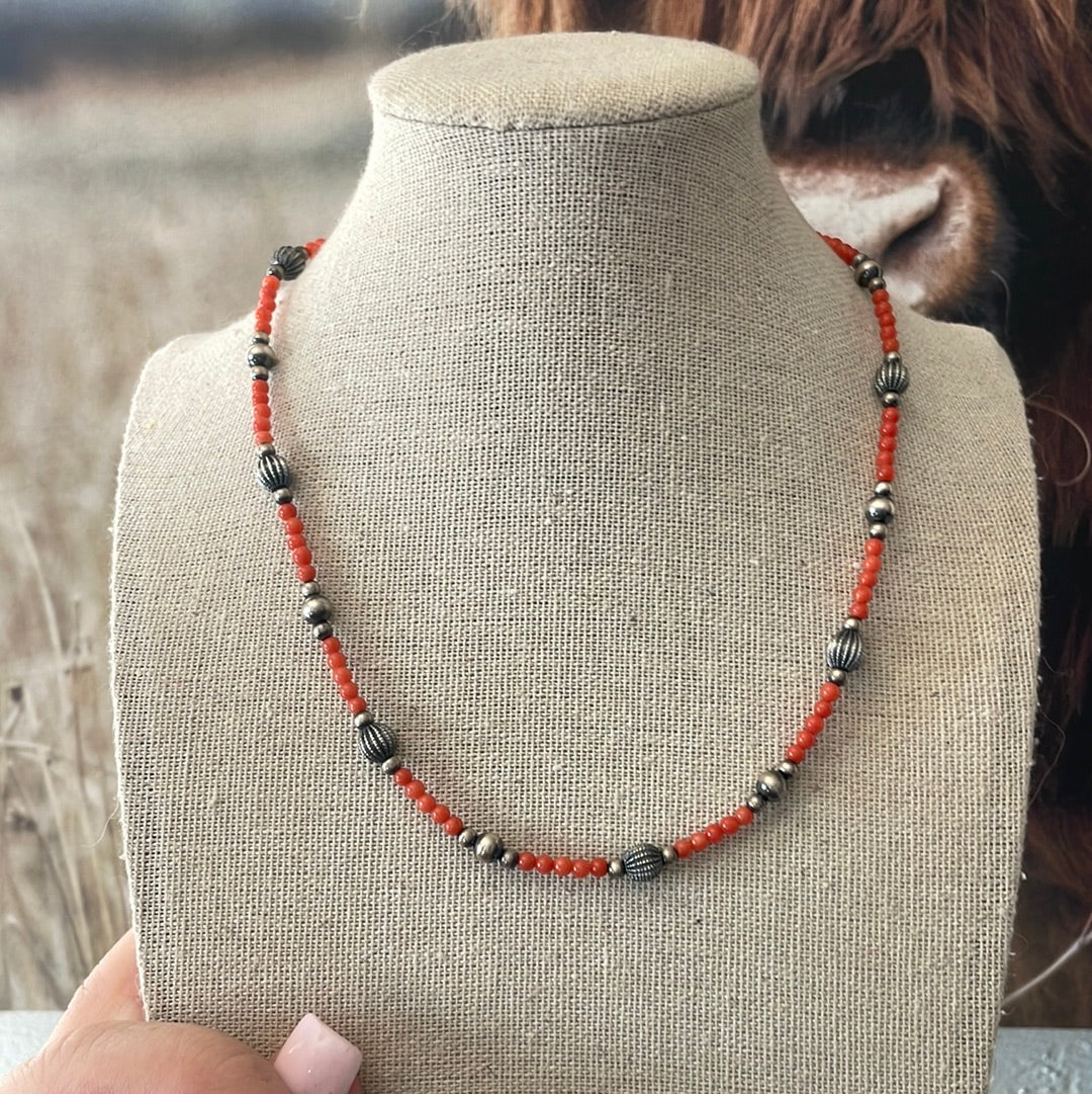 Handmade Beaded Coral & Sterling Silver Necklace