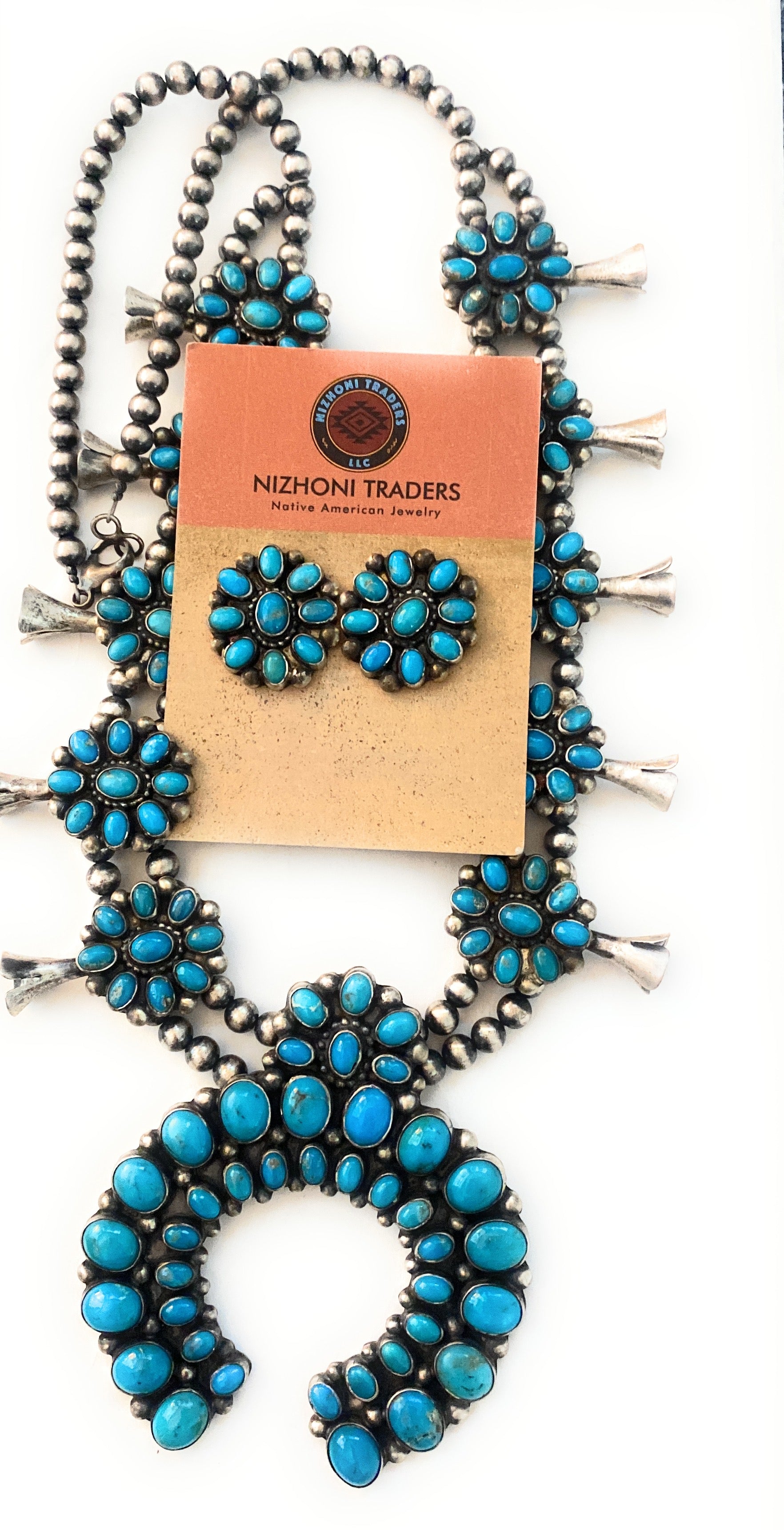 Navajo Sleeping Beauty Turquoise Squash Blossom Necklace Set