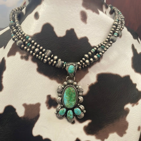 Beautiful Navajo Sterling Silver3 Strand Beaded Turquoise Necklace With Pendant Signed Gilbert Tom