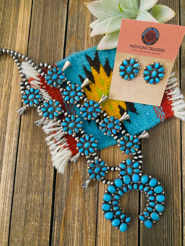 Navajo Sleeping Beauty Turquoise Squash Blossom Necklace Set