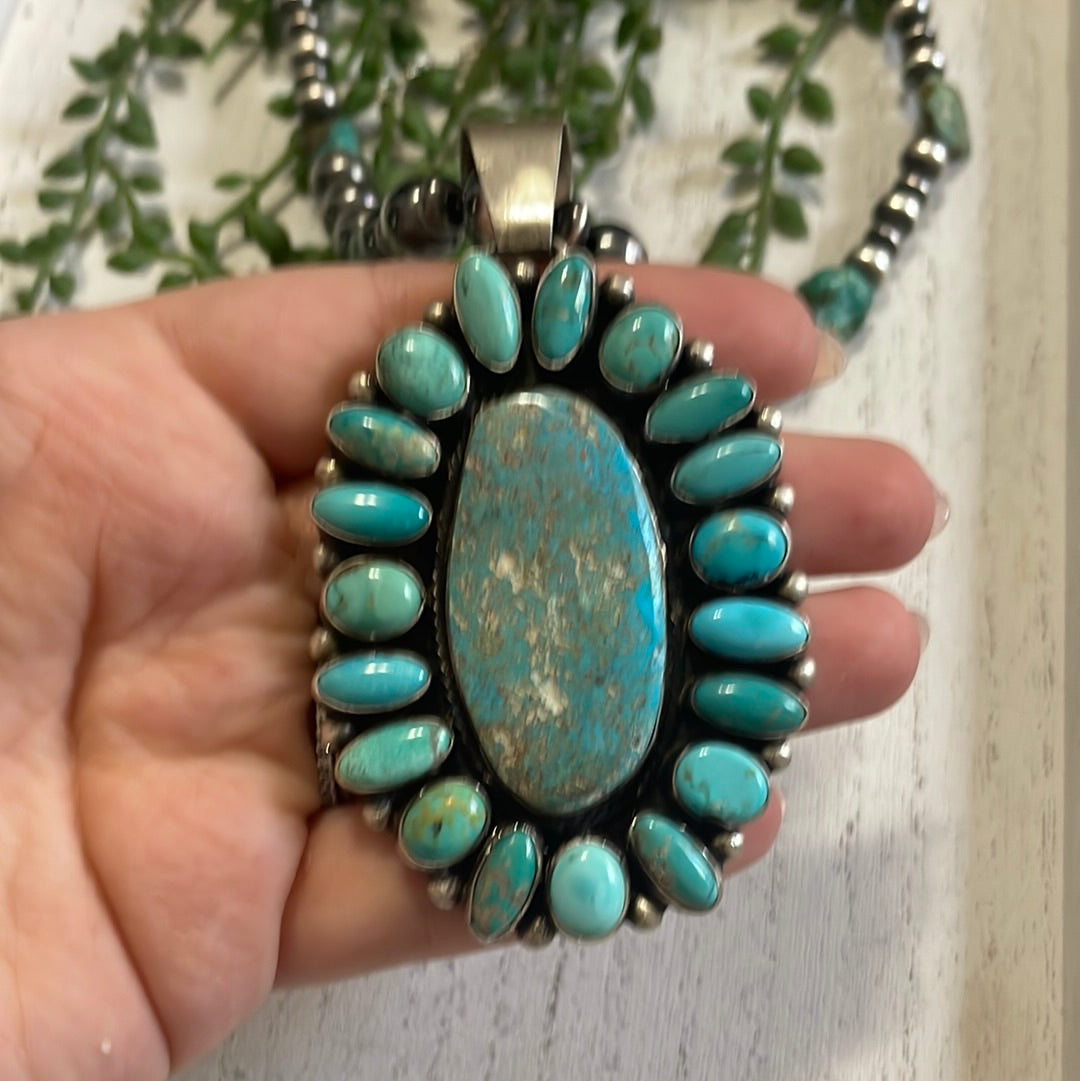 Stunning Navajo Sterling Silver Turquoise Necklace with Pendant