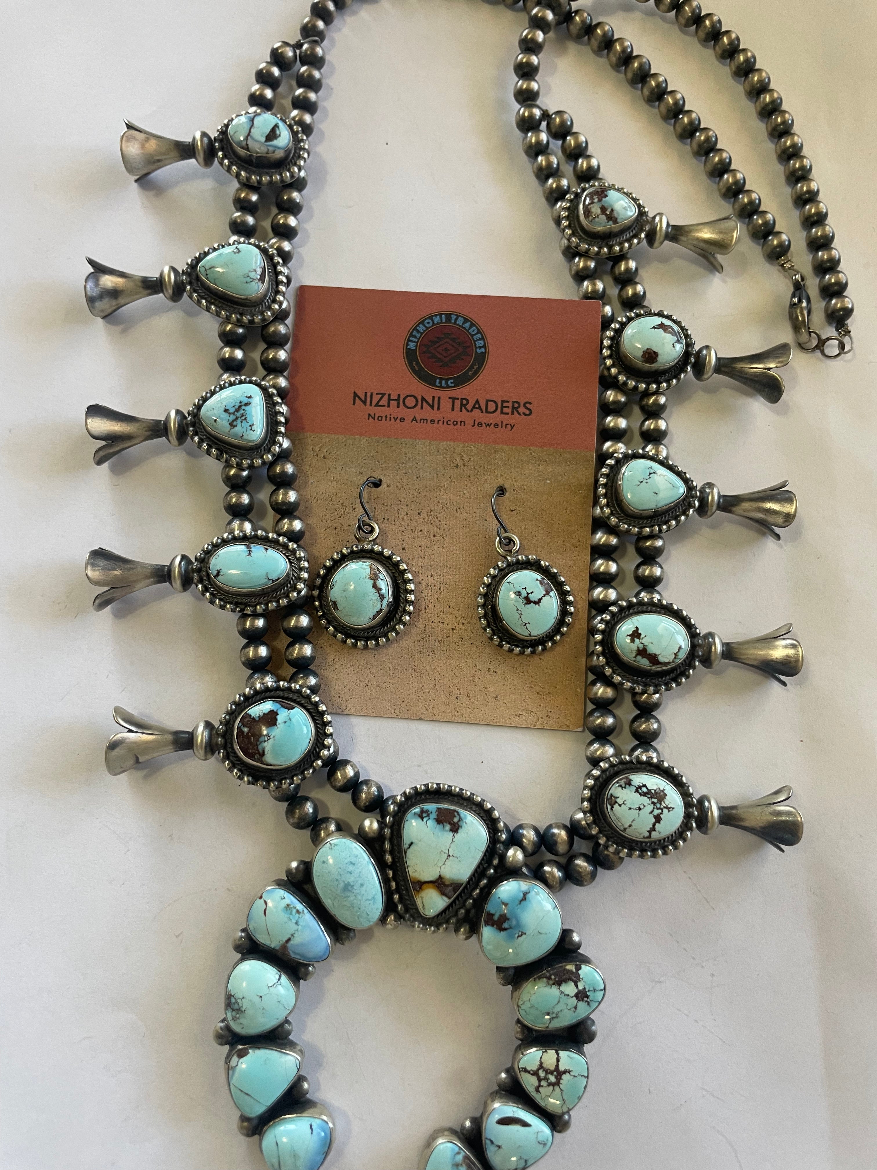 Navajo Golden Hills Turquoise & Sterling Squash Blossom Set Signed B Johnson