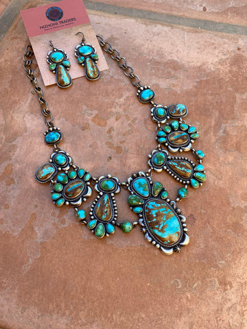 Navajo Sterling Silver, Ribbon and Sonoran Turquoise Necklace and Earring Set by Diane Wylie