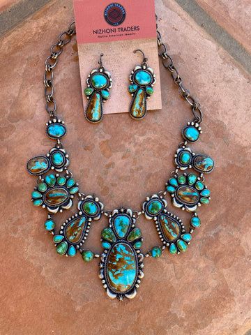 Navajo Sterling Silver, Ribbon and Sonoran Turquoise Necklace and Earring Set by Diane Wylie