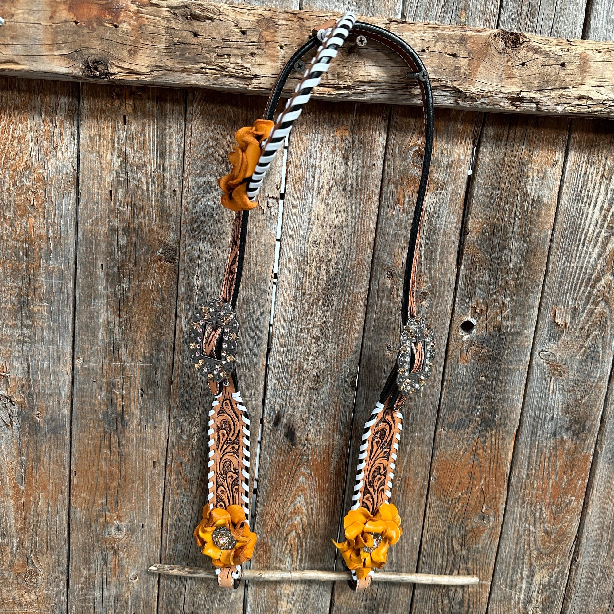 Whip Stitch One Ear Headstall / Bridle - Yellow Roses &amp; European Conchos 