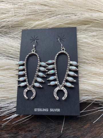 Navajo Sterling Silver & Opal Squash Blossom Dangle Earrings