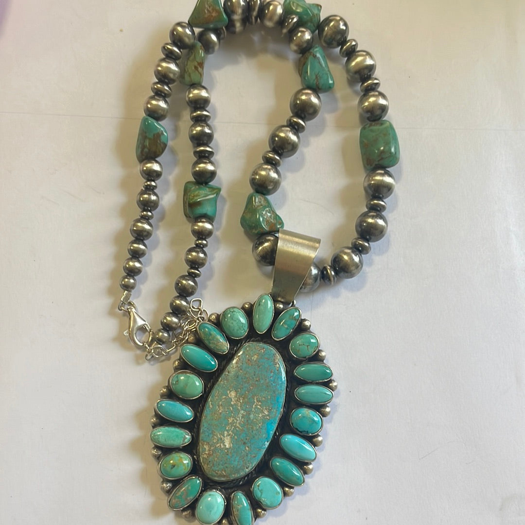 Beautiful Navajo Sterling Silver Beaded Turquoise Necklace With Pendant Signed Ella Peter